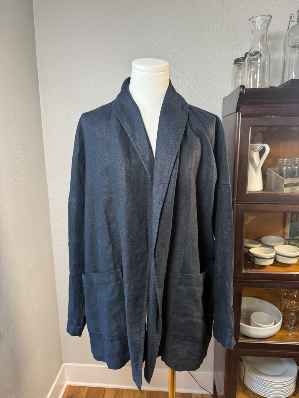 Eileen Fisher Black 100% Linen Open Front Jacket Cardigan Size M